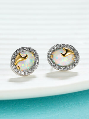 Fashion Oval Opal Golden Spray Stud Earrings