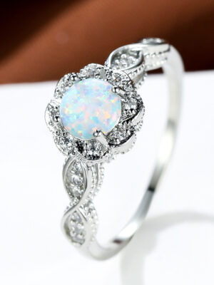 Platinum Round Opal Flower Ring