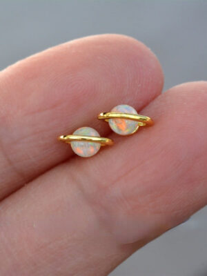 Minimalist White Fire Opal Planet Stud Earrings