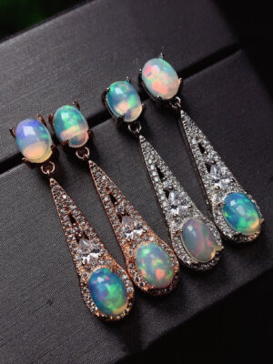 Women's Inlaid Natural Opal Silver Stud Earrings