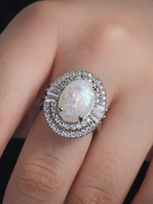 Large Opal Ring Cooperized Silver Over Inlaid Zircon Artificial Opal Jewelry