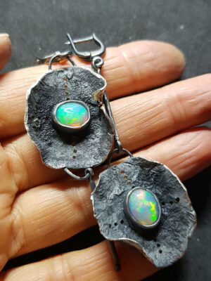 Antique Metal Inlaid Opal Earrings